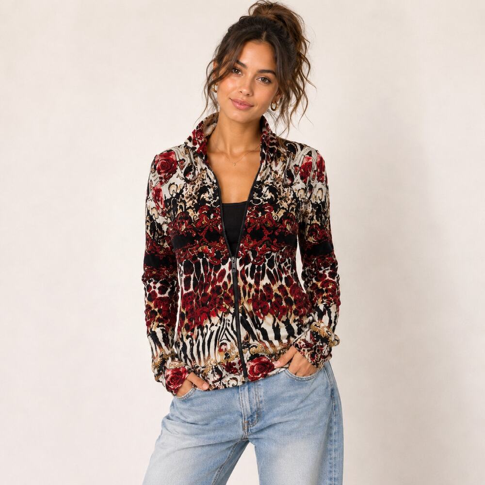 Onque Casual Velvet Jacket Women's Size S Animal Print Casual Boho-chic Indie